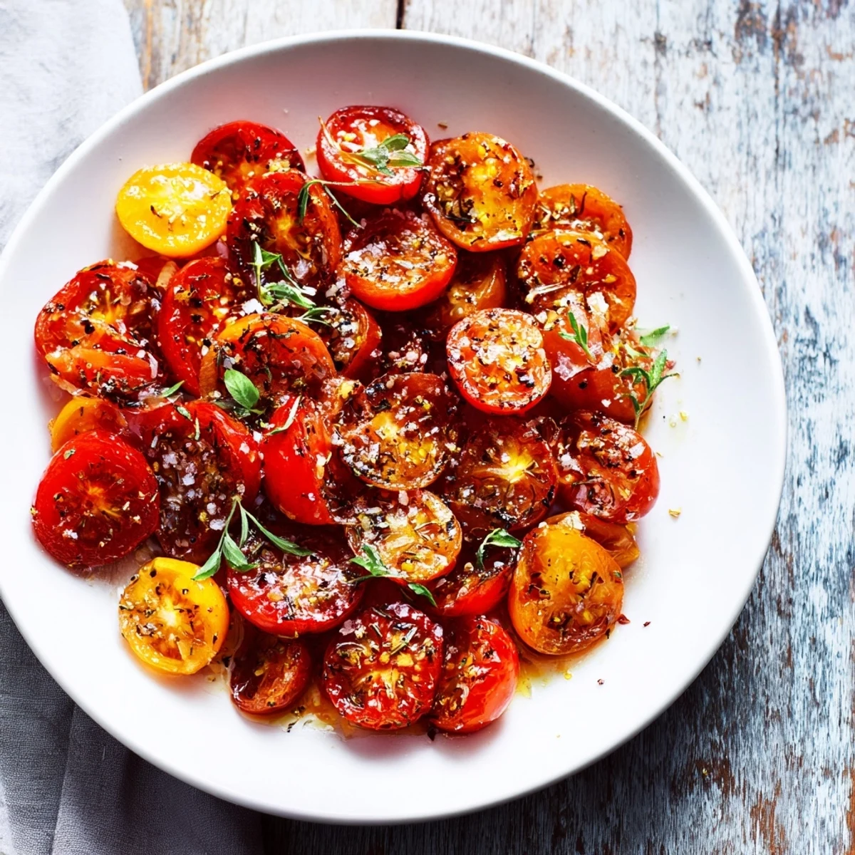 Vibrant red Tomato Roasted halves, seasoned perfectly, bubbling slightly with their own delicious juices, ready to serve.