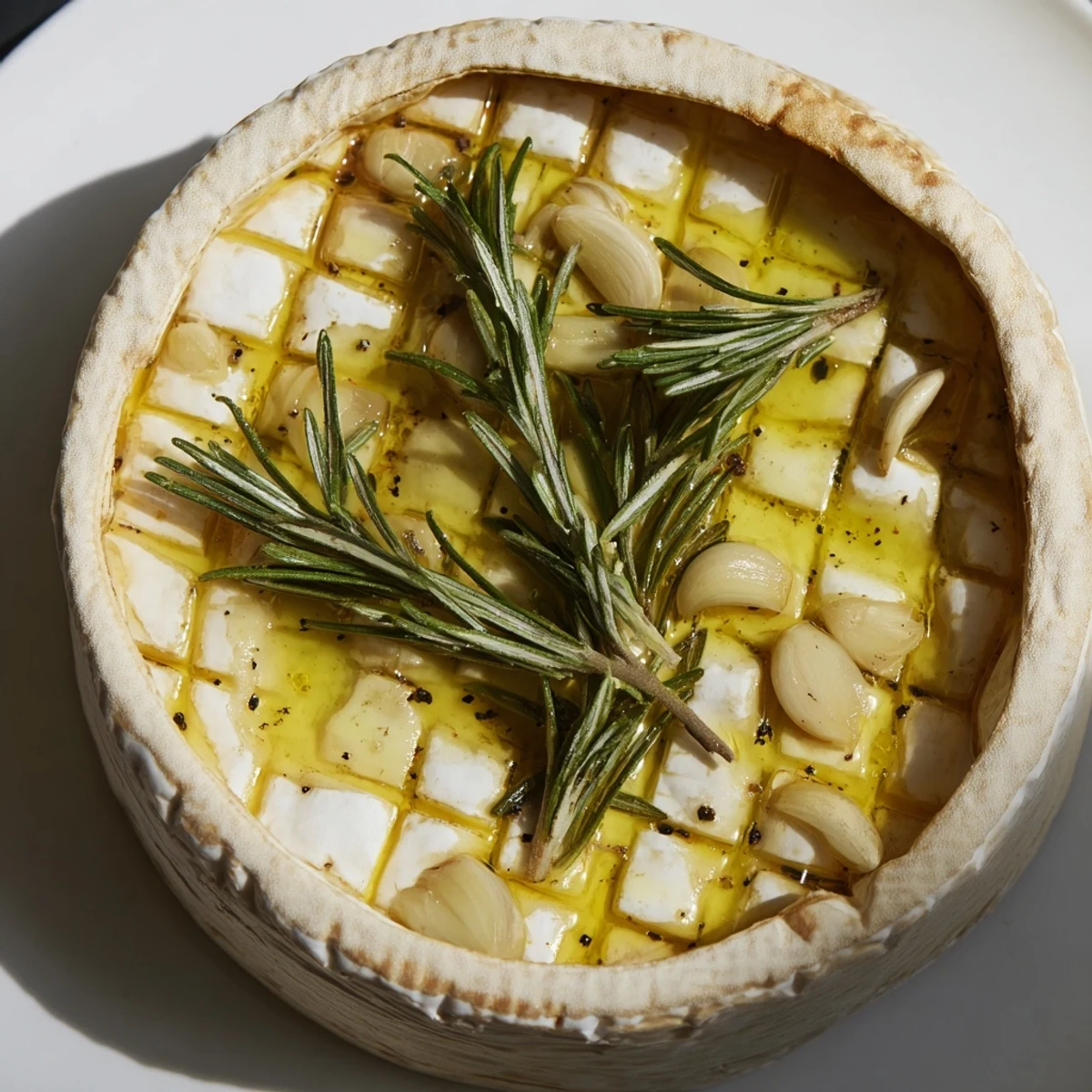 Molten Baked Camembert with Garlic, topped with herbs, is perfect for dipping warm bread.
