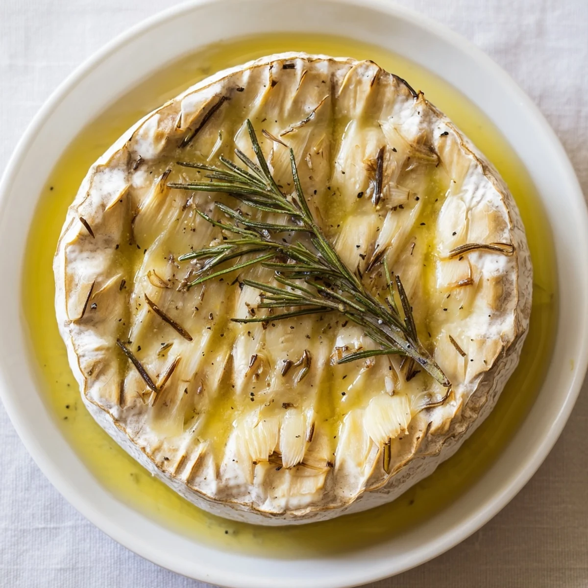 Golden-brown Baked Camembert with Garlic bubbling in a wooden box, ready to dip.