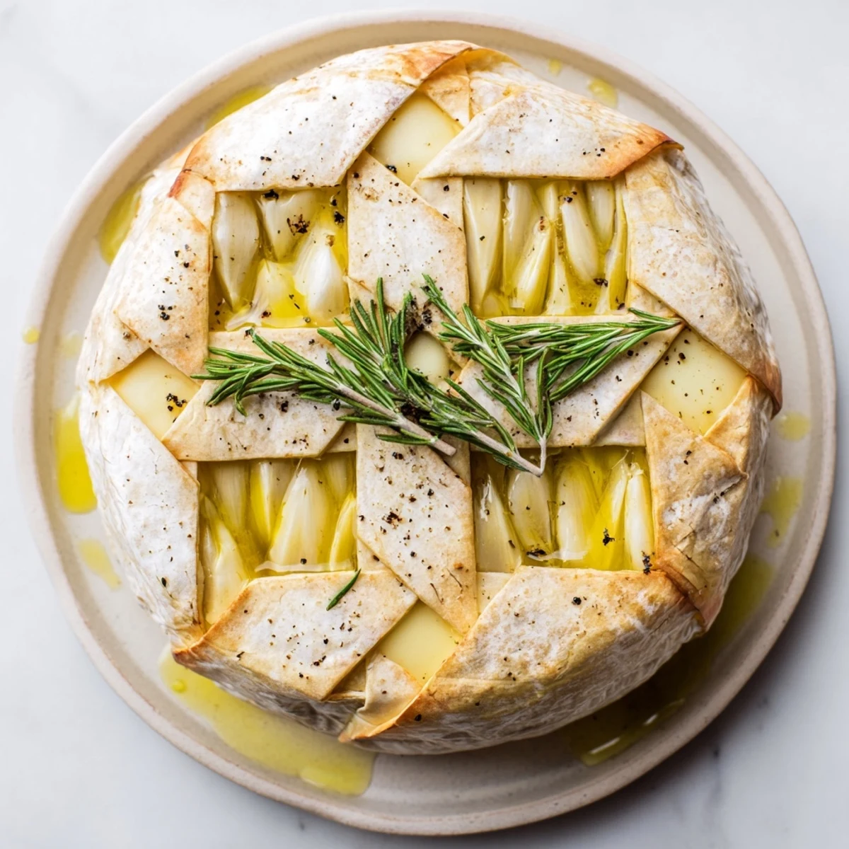 Enjoy a rich and flavorful dish: warm Baked Camembert with Garlic, served with crusty bread.