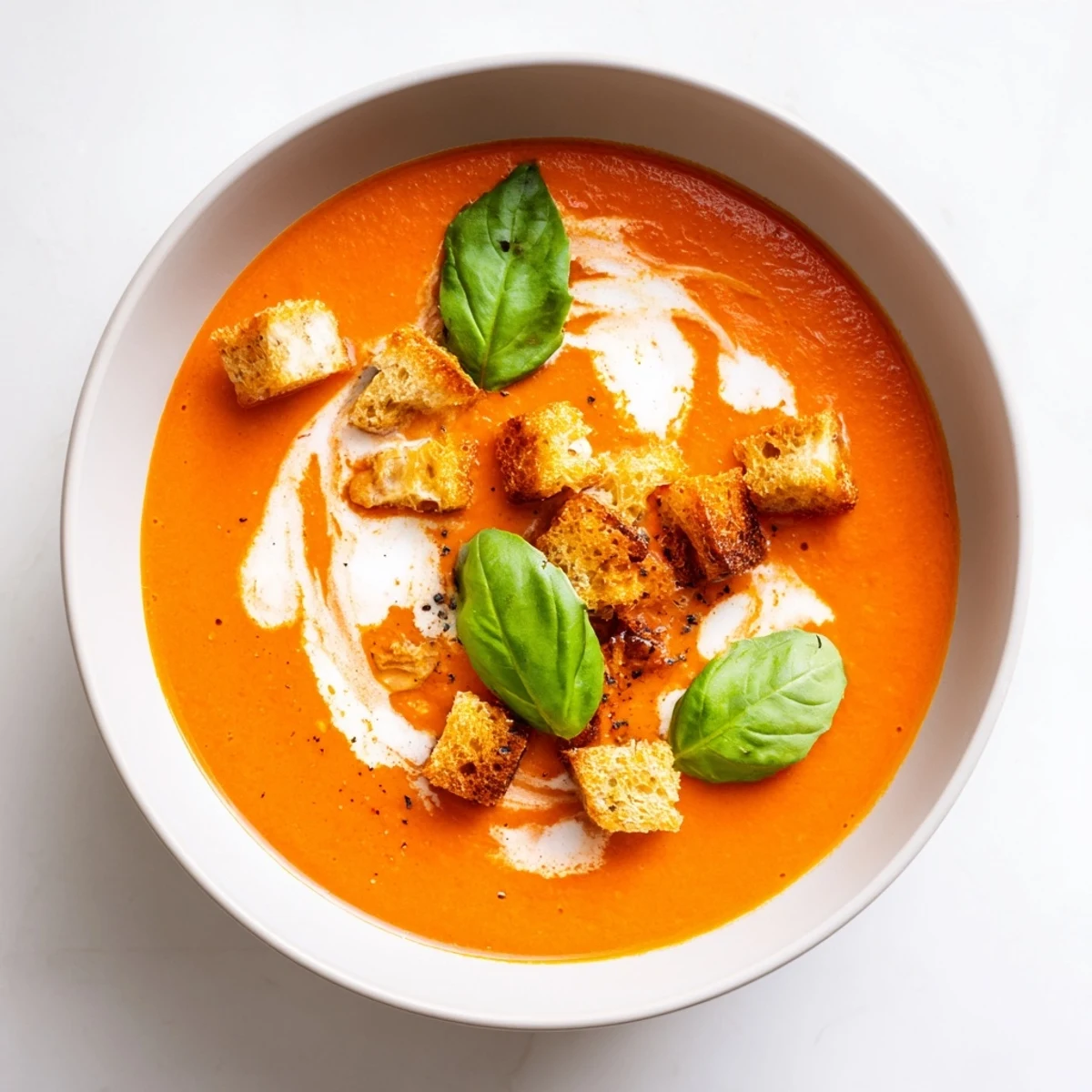 A close-up of creamy roasted tomato soup, garnished with fresh basil and a swirl of cream.
