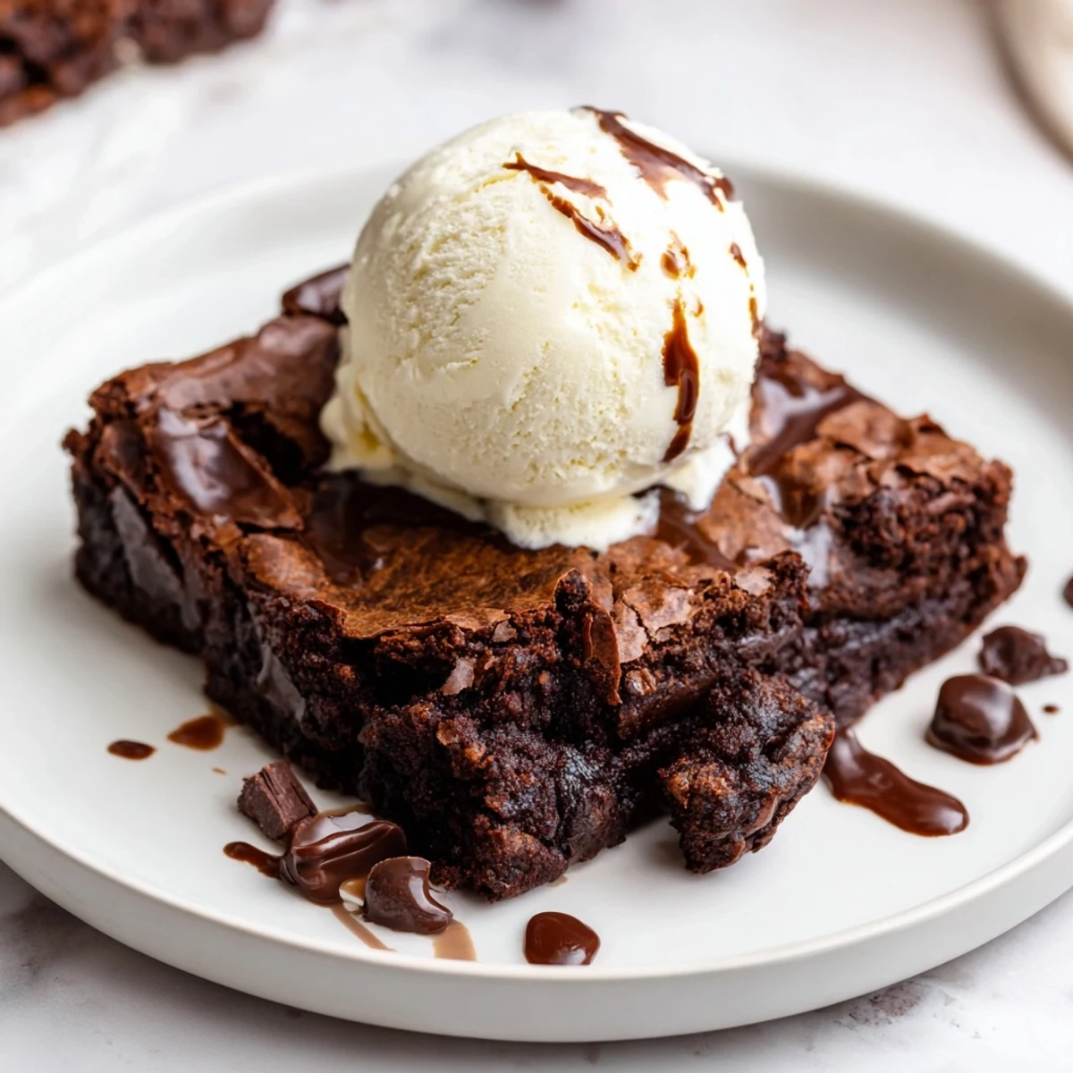 A warm chocolate brownie served with melting vanilla ice cream, a delicious dessert.