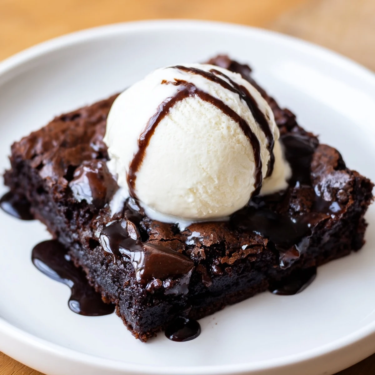 Indulge in a homemade warm chocolate brownie, paired perfectly with vanilla ice cream.