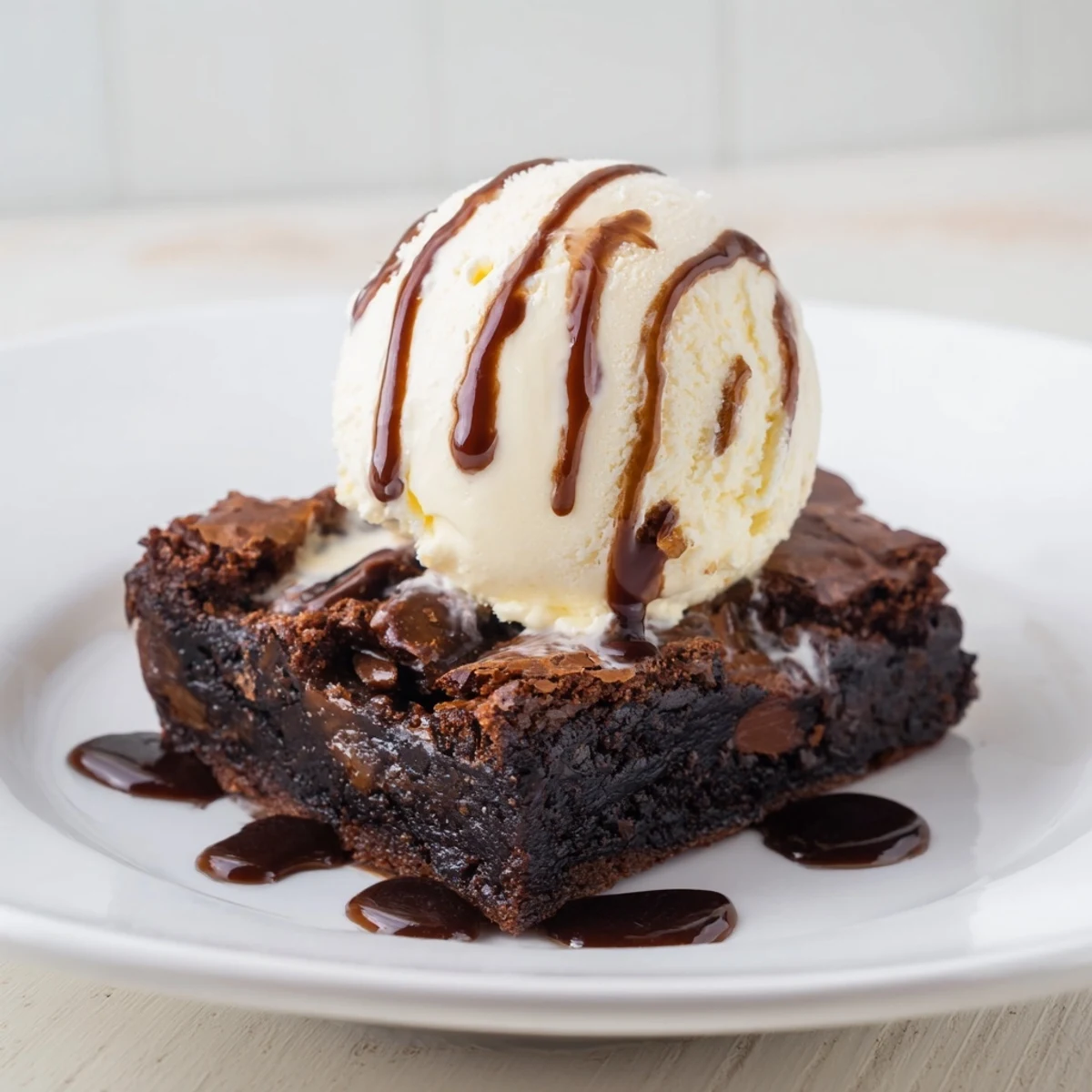 Fudgy, rich chocolate brownie topped with creamy vanilla ice cream, ready to enjoy.