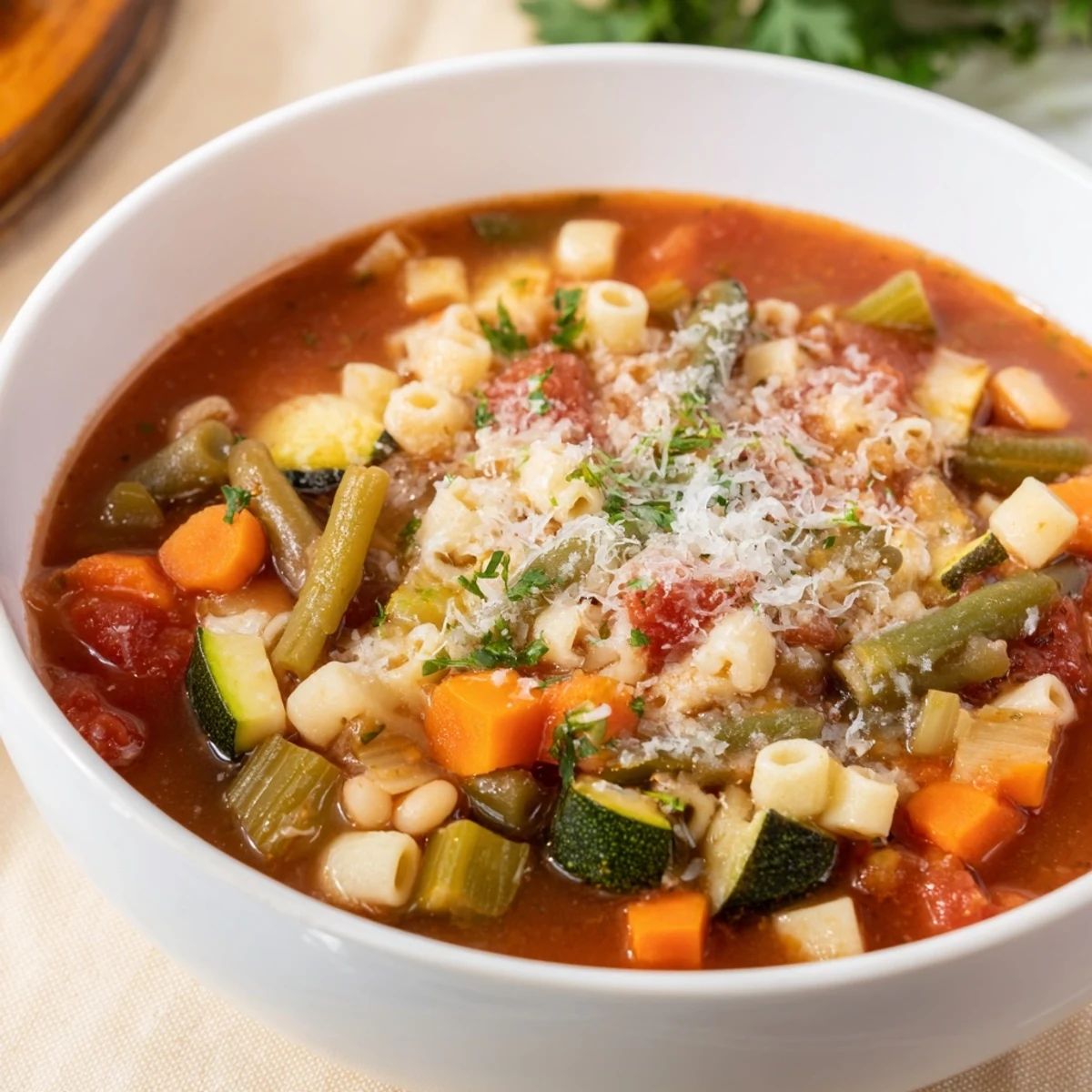 Steaming, flavorful Hearty Minestrone Soup: Vibrant vegetables and pasta swimming in a rich tomato broth.
