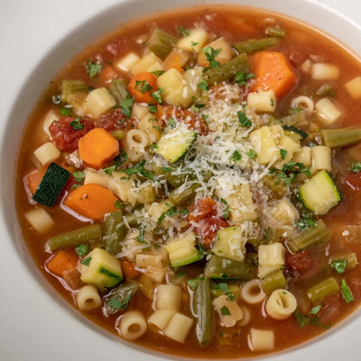 A comforting bowl of Hearty Minestrone Soup showcased, with fresh parsley and parmesan cheese sprinkled on top.