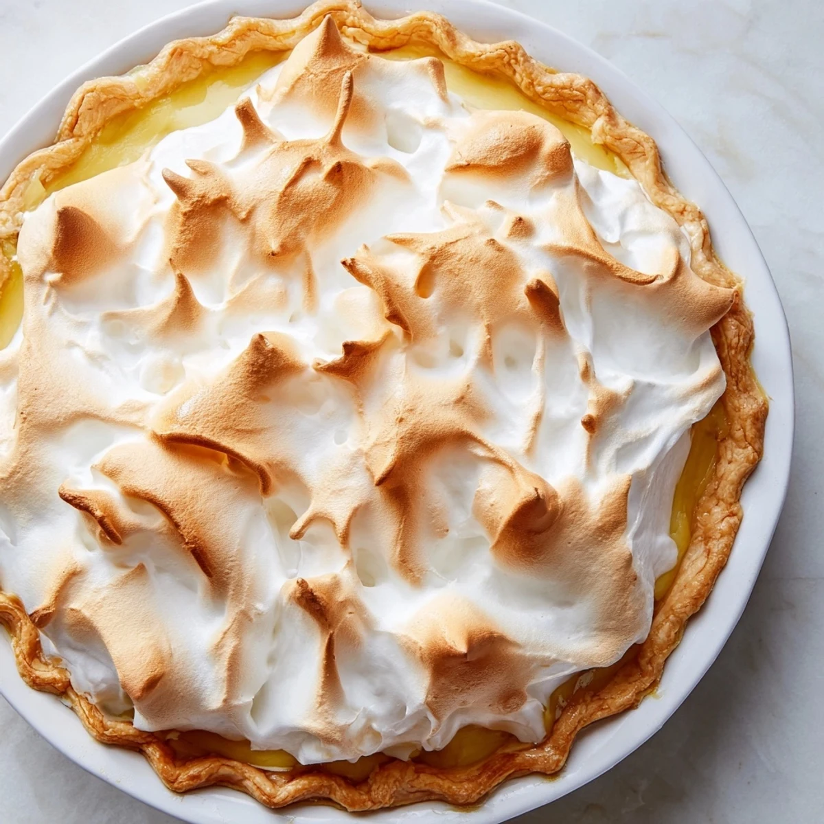 A glistening slice of Zesty Lemon Meringue Pie, showcasing a tall, toasted meringue topping.