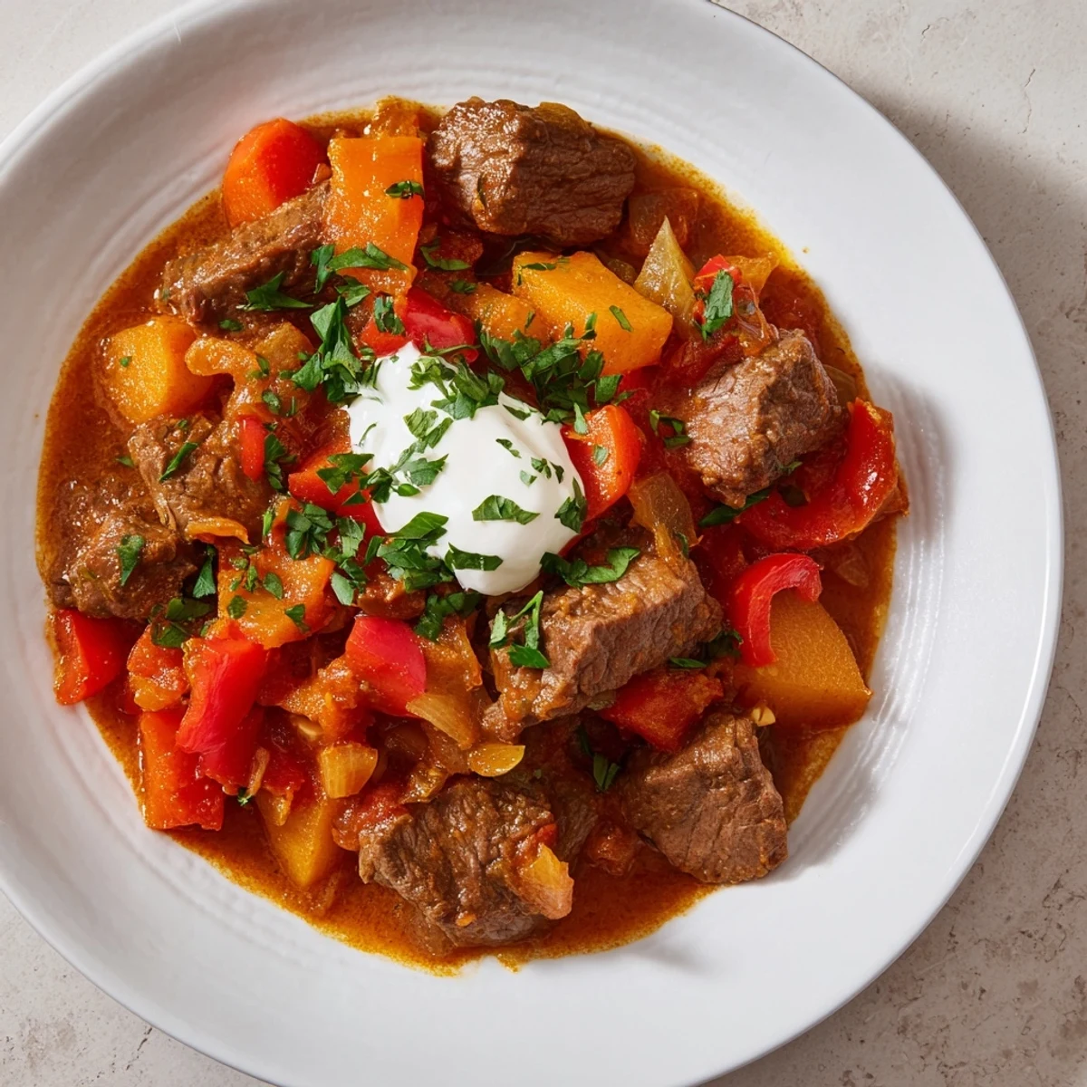 Close-up of slow cooked beef goulash: rich, savory stew ready to warm hungry bellies.