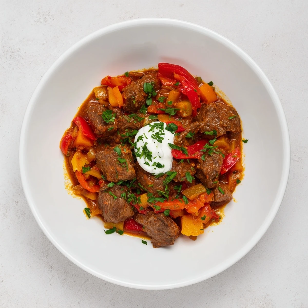A steaming bowl of comforting slow cooked beef goulash, topped with fresh parsley and sour cream.