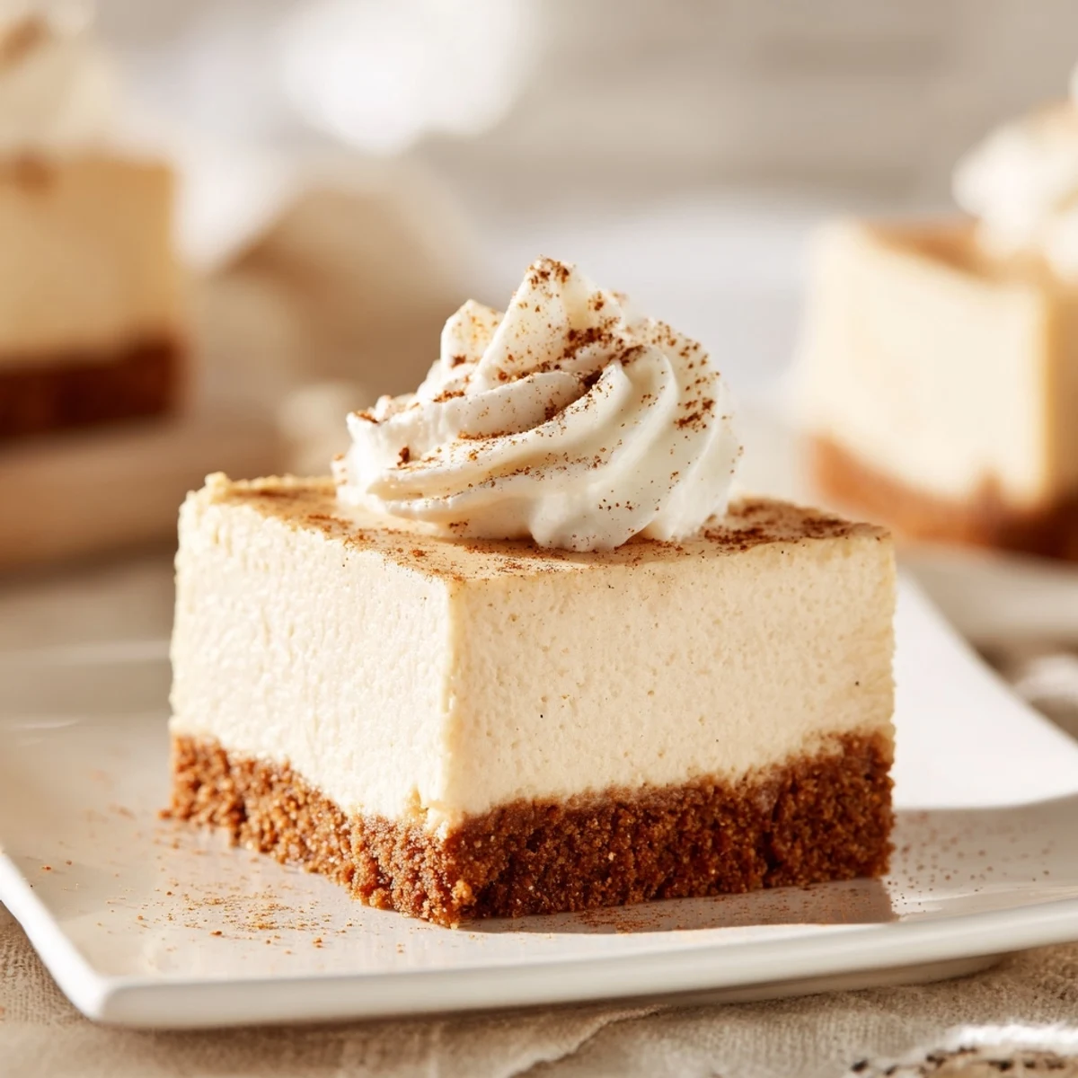 Festive gingerbread cheesecake bars, golden-brown and topped with whipped cream, ready to serve.