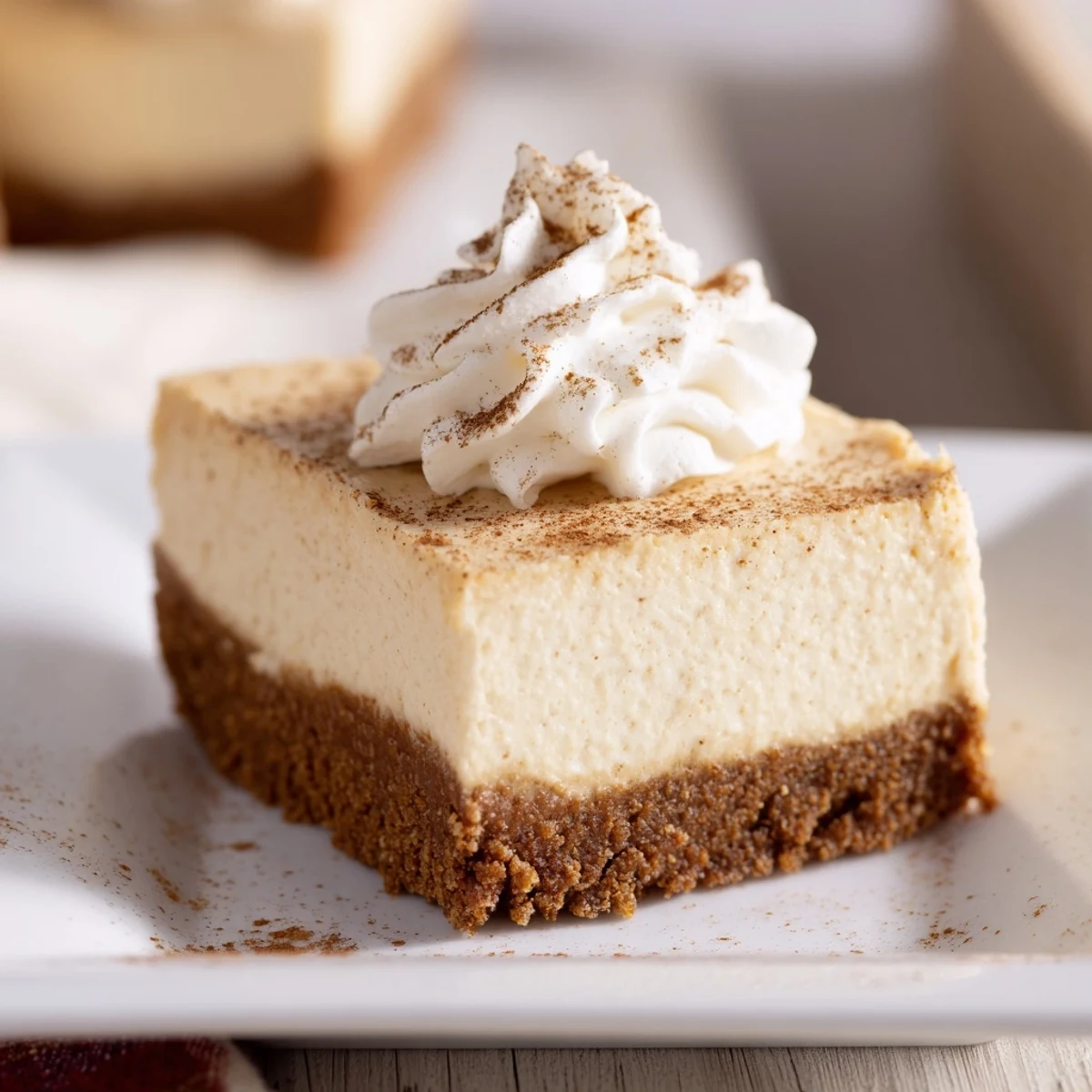 A close-up of a gingerbread cheesecake bar, showing creamy filling and spiced crust layers beautifully.