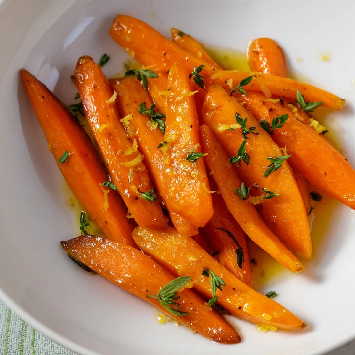 Golden brown citrus roasted carrots with fresh herbs, ready to serve alongside dinner.