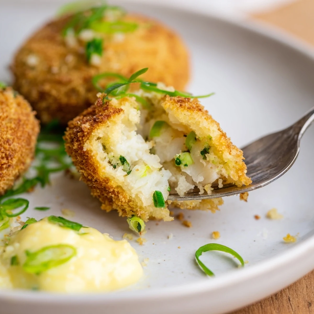 Golden, crispy fishcakes with lemon mayo, ready to be dipped and enjoyed, a delicious meal.
