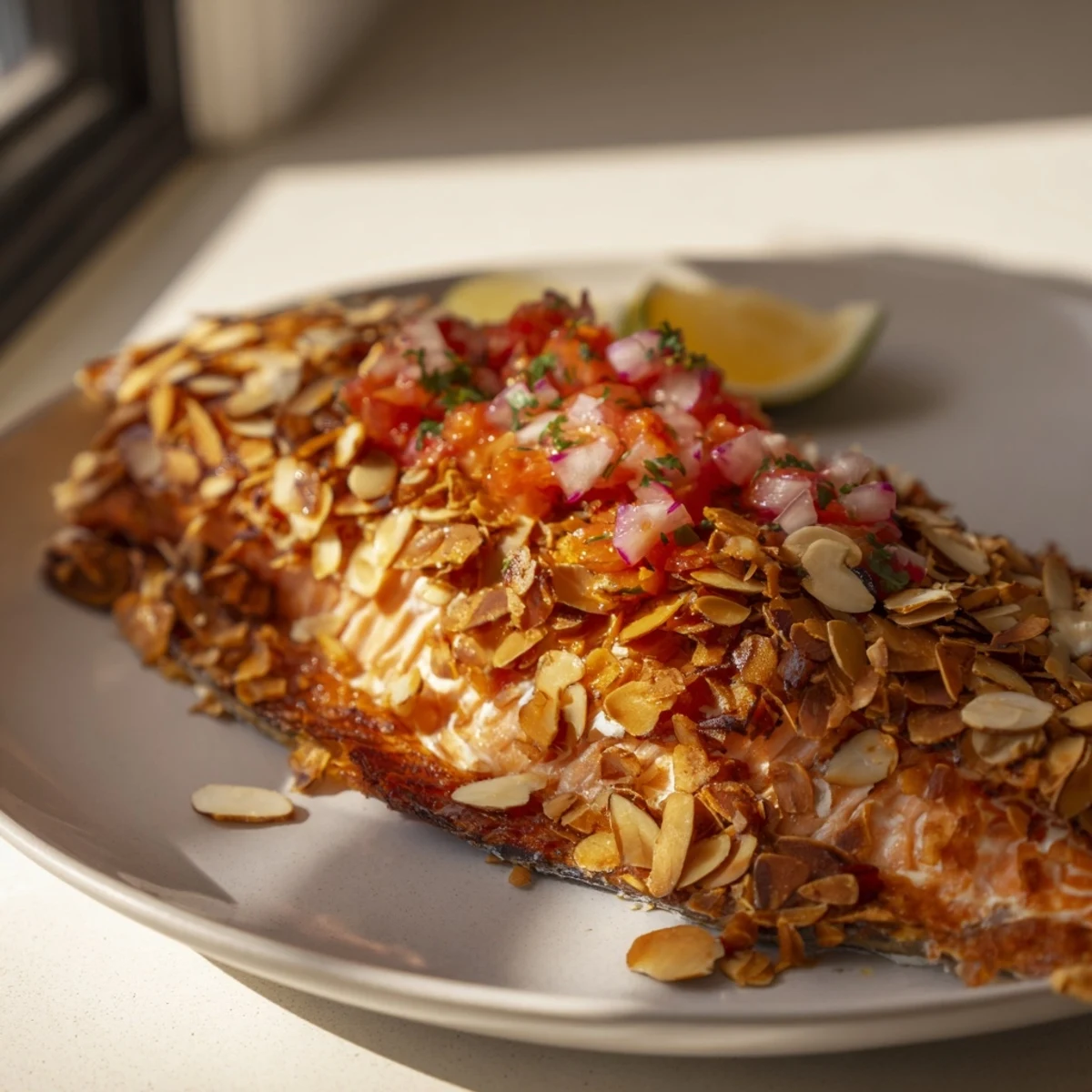 Freshly baked, beautifully seasoned Baked Trout with Almonds, perfect for a delicious dinner.
