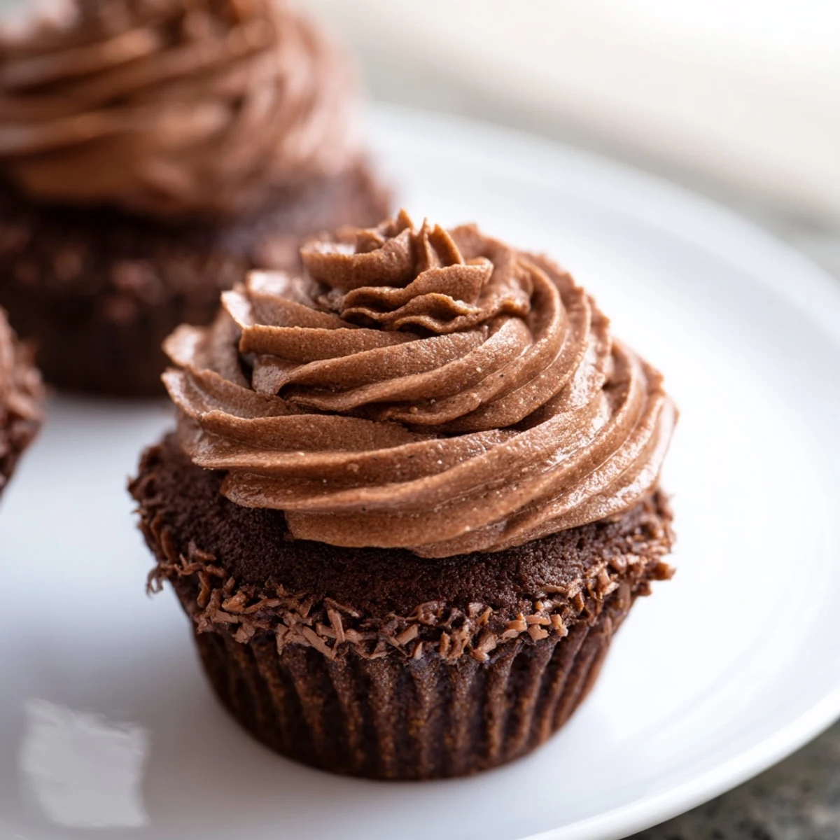 Fluffy chocolate cupcakes topped with swirls of chocolate buttercream, a perfect dessert.
