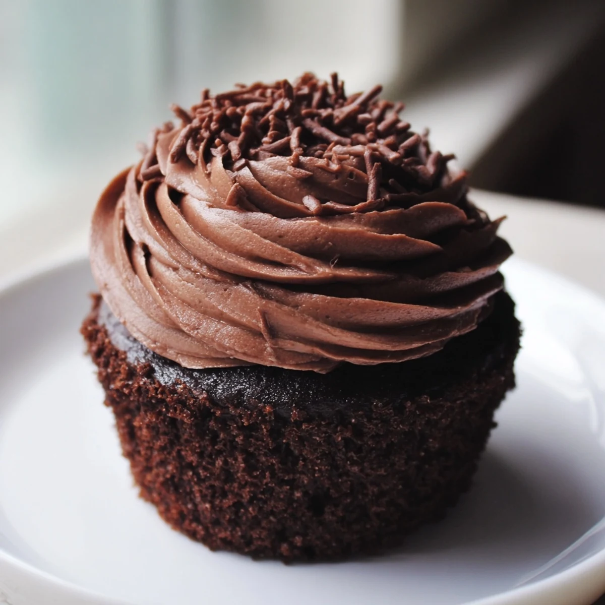 A plate of freshly baked chocolate cupcakes, displaying their moist crumb and delicious cocoa aroma.