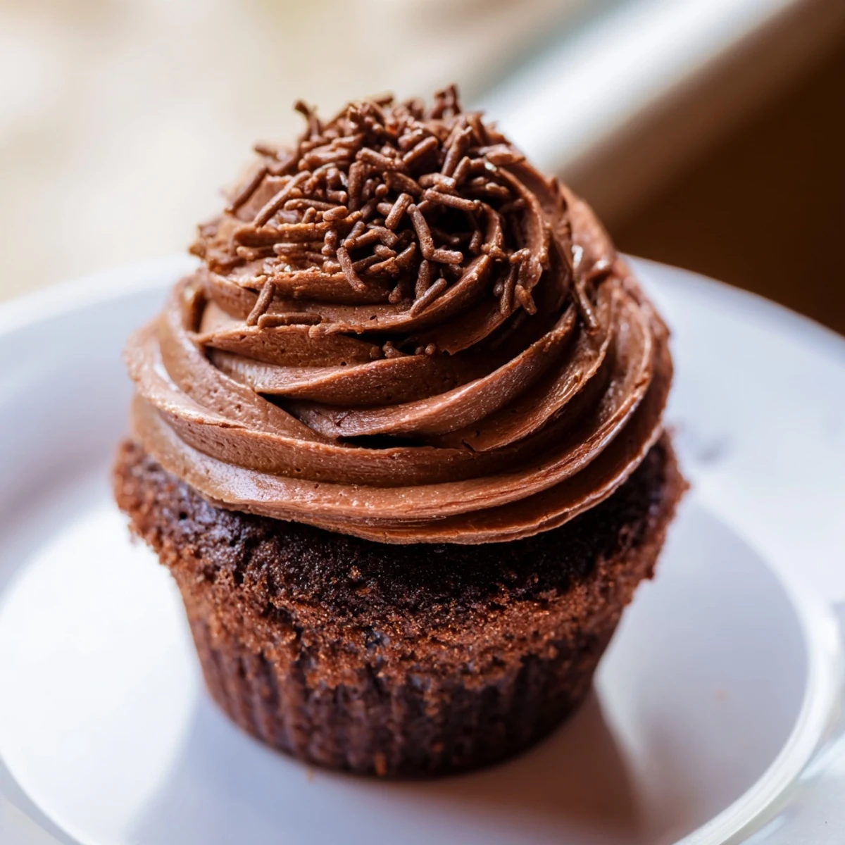 Close-up of decadent chocolate cupcakes, showing the rich dark color and tempting frosting swirls.