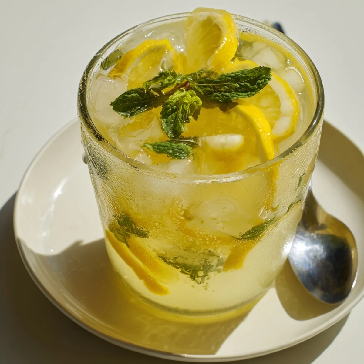 Close-up of a pitcher filled with fresh lemonade; garnished with lemon slices and mint.