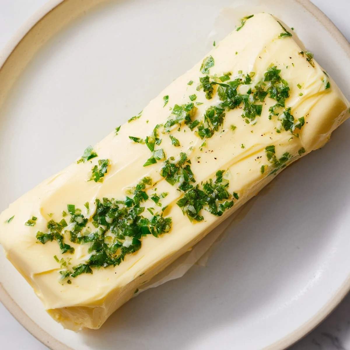 Freshly made garlic butter, a vibrant blend of garlic, herbs, and softened butter, chilling after preparation.