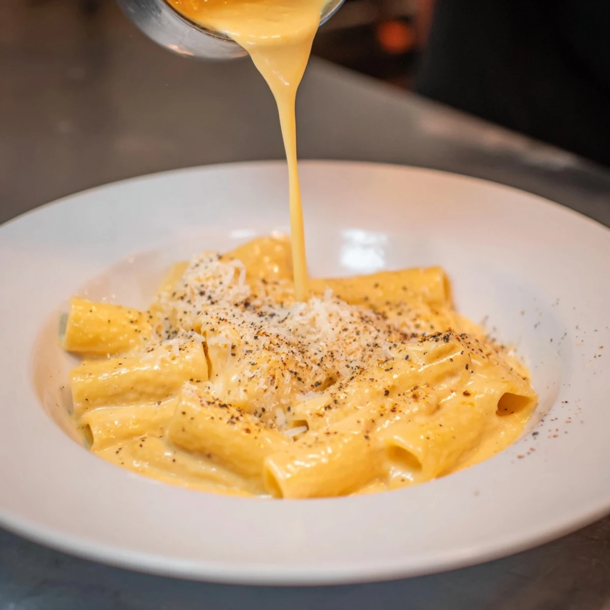 A close-up of the delicious creamy cheese sauce, with melted cheeses and a smooth texture.