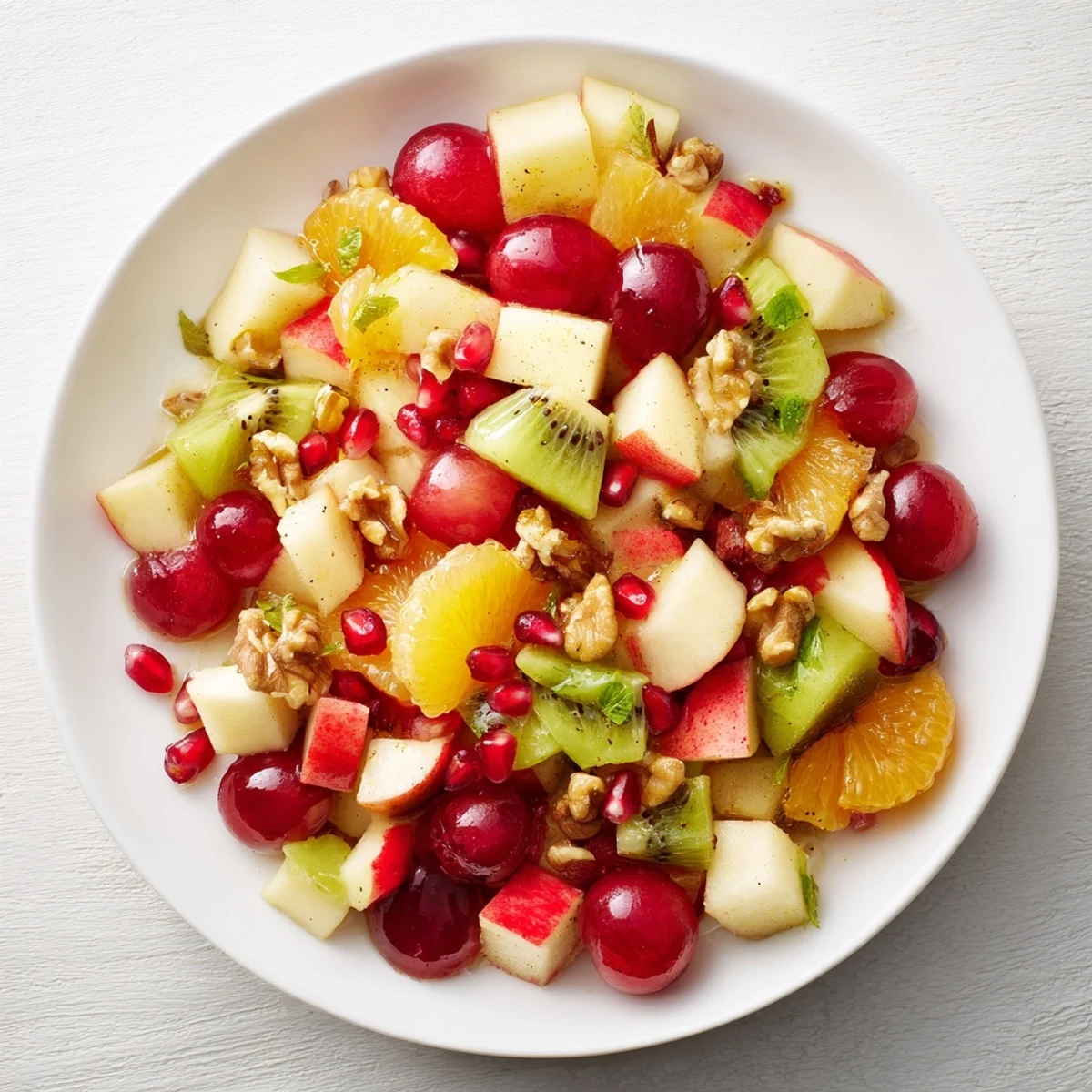 This fresh Winter Fruit Salad features a delightful mix of diced apples, pears, and grapes.