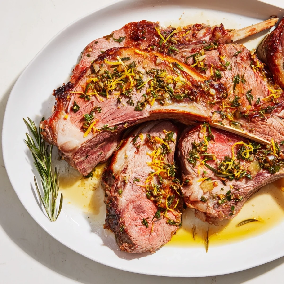 Juicy slow roasted lamb, ready to serve, with rich pan juices and aromatic herbs for dinner.