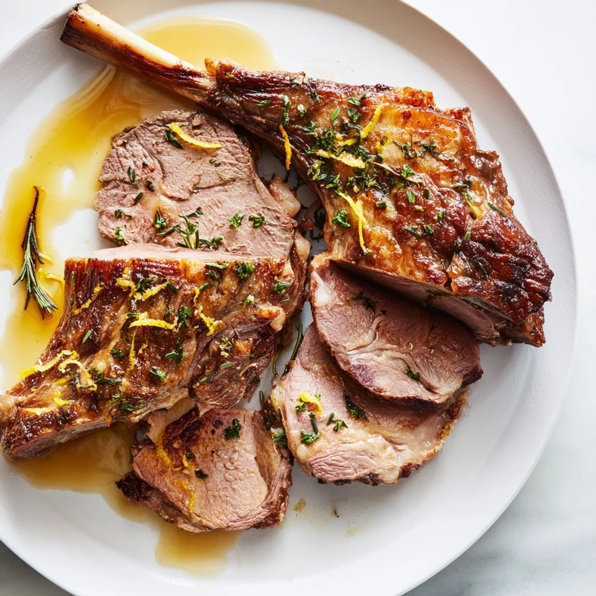 Slow roasted lamb with a crispy golden crust, showcasing tender meat and flavorful vegetables.