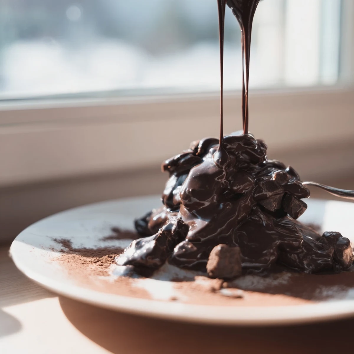 Rich, dark Warm Chocolate Sauce drizzled lusciously on vanilla ice cream, ready to enjoy.