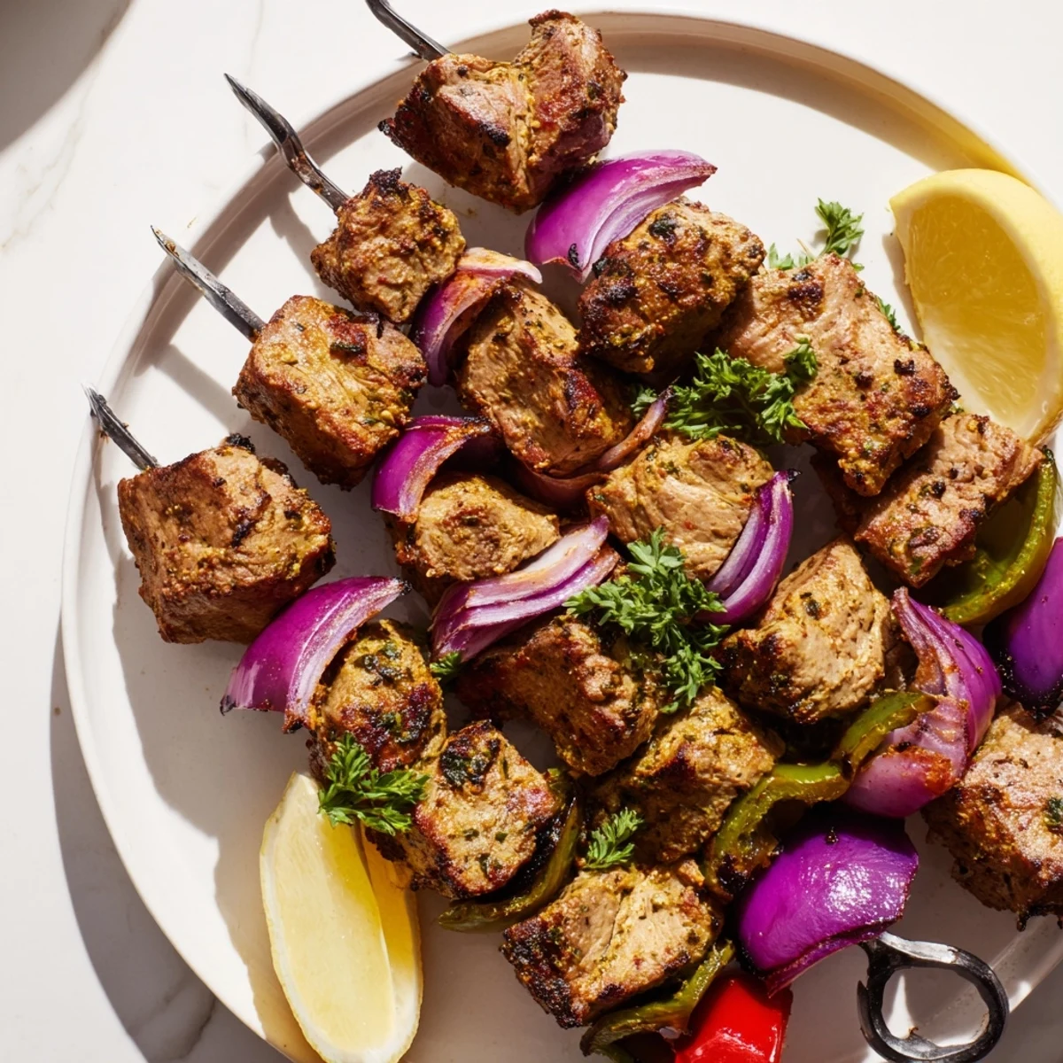 Golden-brown lamb kebabs with charred vegetables, served on a platter with fresh herbs and lemon wedges.