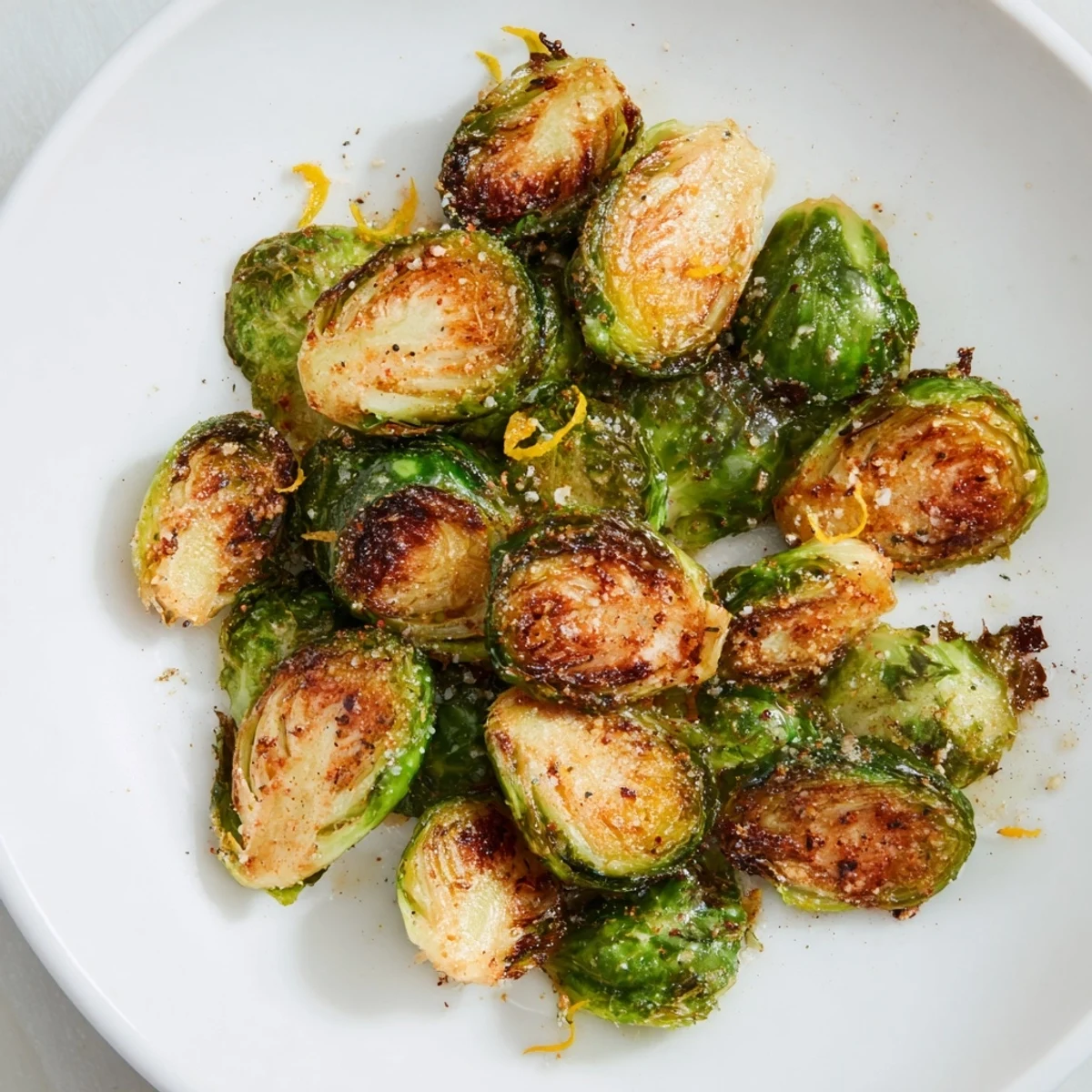 Crispy, golden-brown Roasted Brussels Sprouts served on a parchment-lined baking sheet, ready to eat.