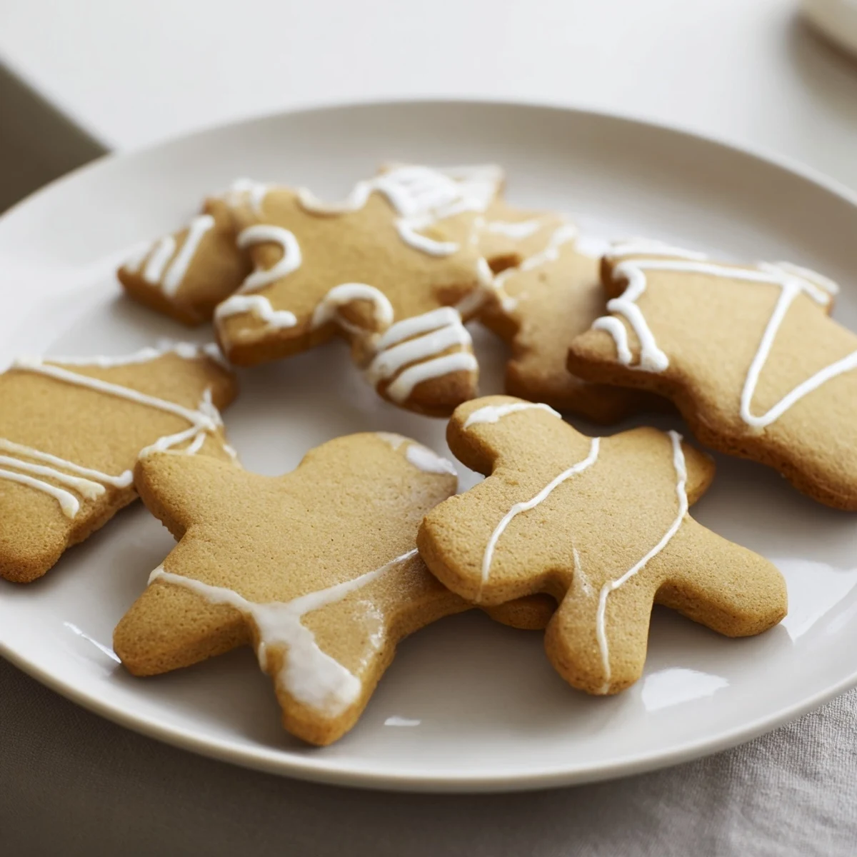 Warm, inviting photo: freshly baked gingerbread biscuits with a dusting of powdered sugar.