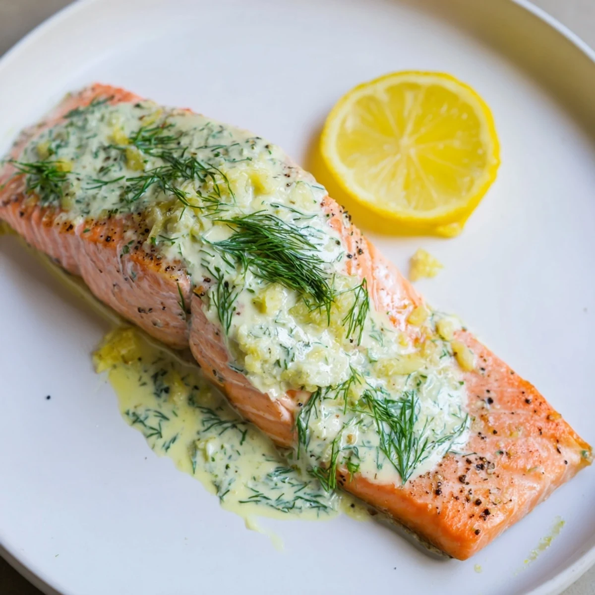 Perfectly cooked Baked Salmon with Dill and Lemon Sauce, ready to be served with lemon slices and more dill.