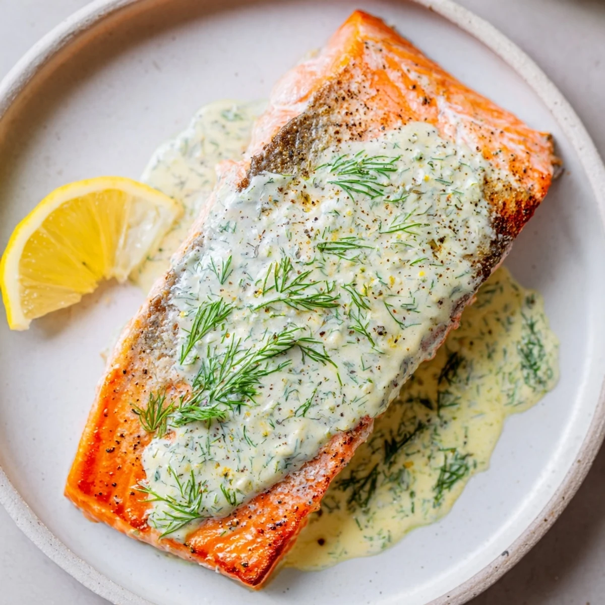 Tender, oven-baked salmon with fresh dill and lemon sauce, a flavorful, easy weeknight meal.