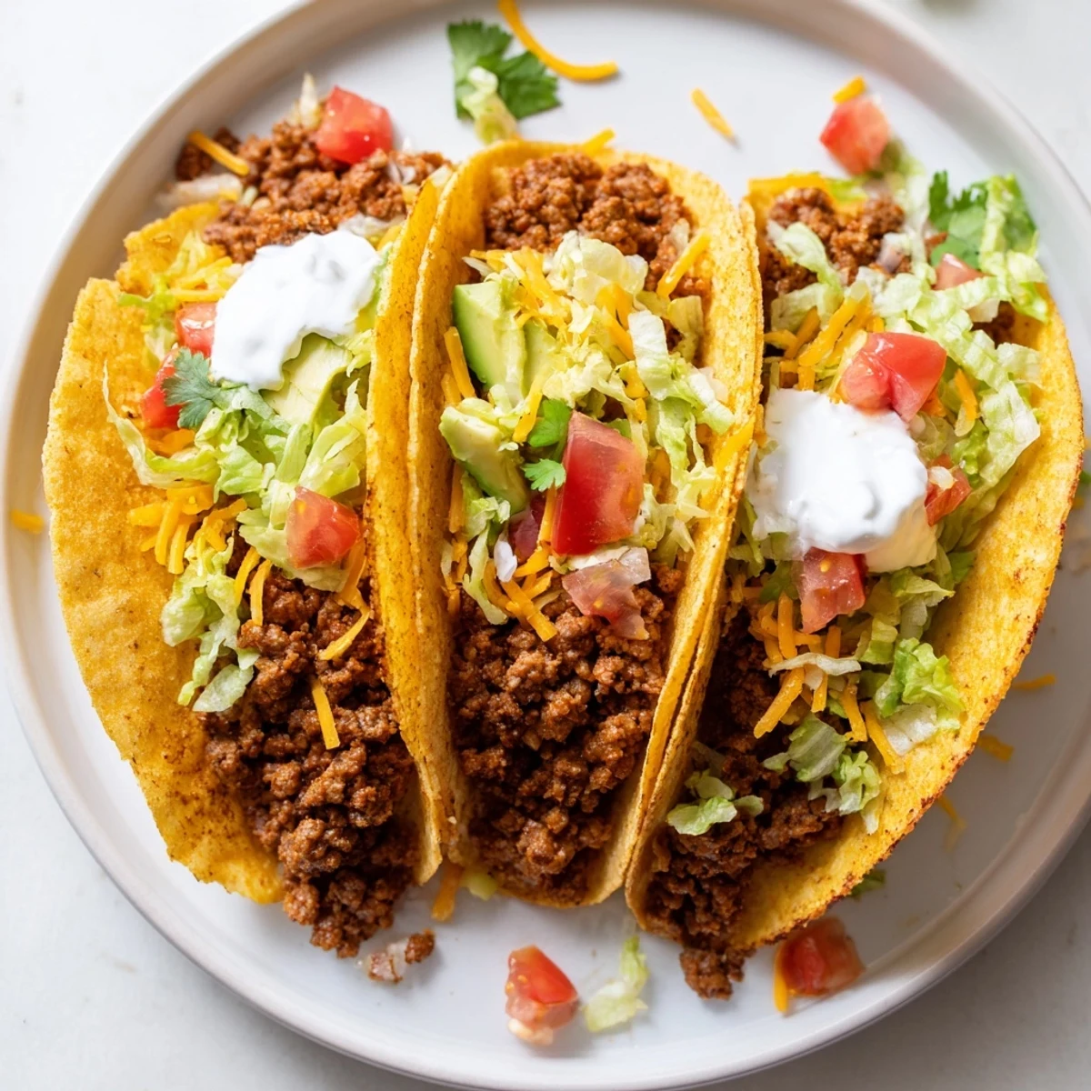 Golden-brown beef tacos overflowing with seasoned meat and colorful fresh toppings, ready to eat.