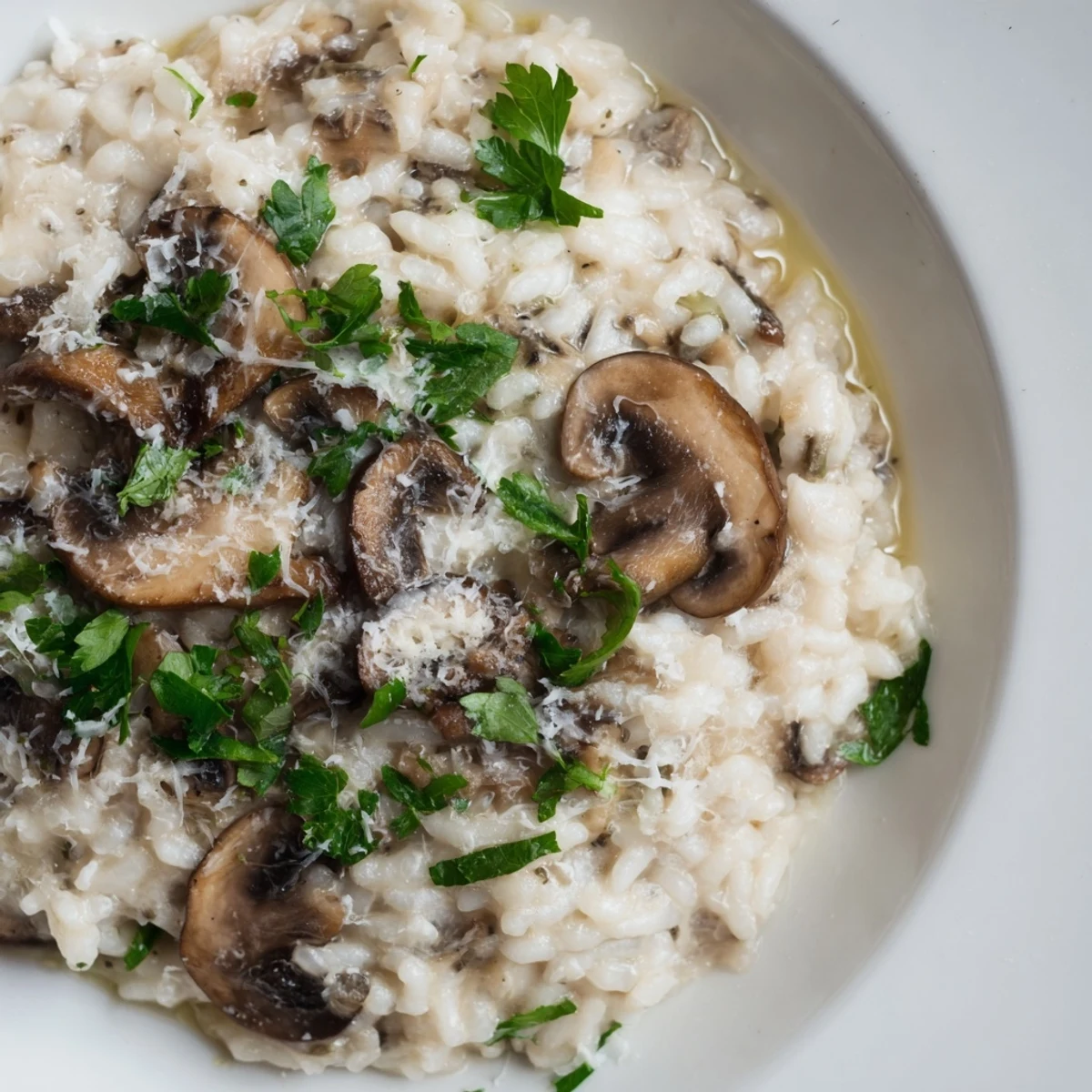 Creamy mushroom risotto with a drizzle of truffle oil, ready to serve with Parmesan.