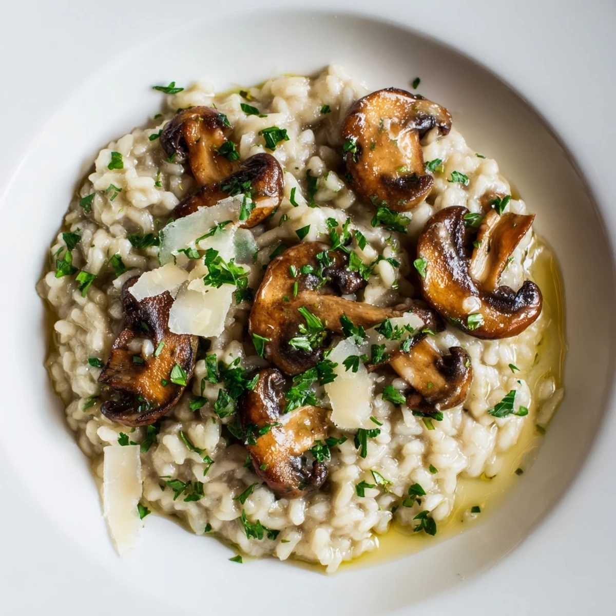 A steaming bowl of mushroom risotto, topped with sautéed mushrooms and fresh parsley.
