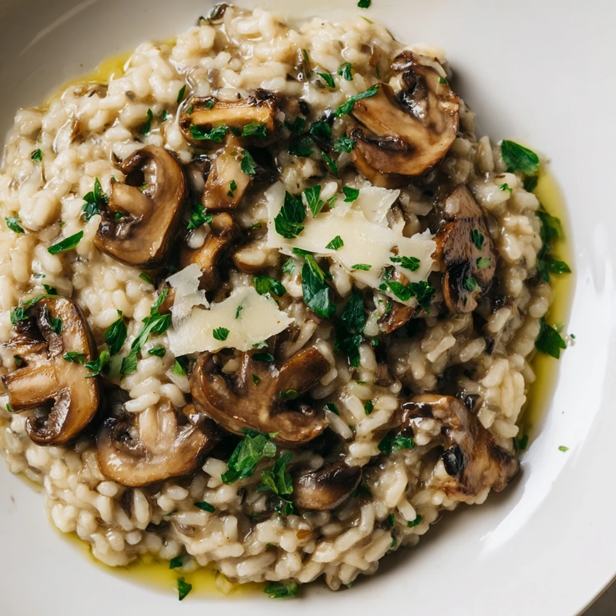 Close-up of golden mushroom risotto fragrant with truffle oil, perfect for dinner.