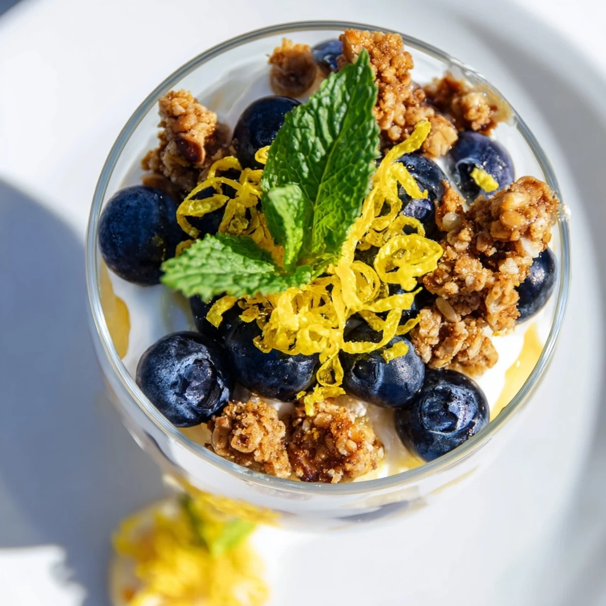 A vibrant Lemon Blueberry Yogurt Parfait with crunchy granola, perfect for a quick and healthy breakfast.