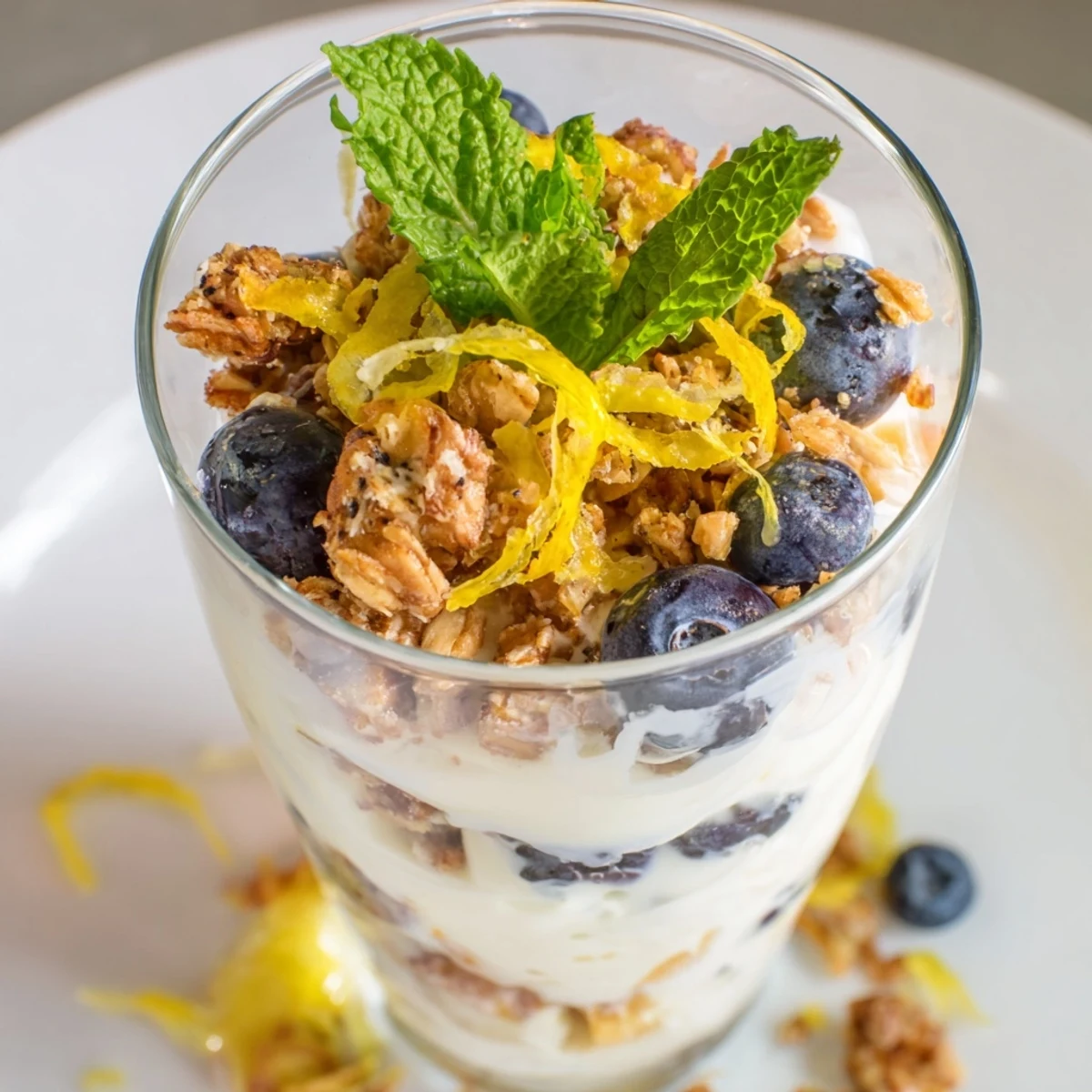 Layers of creamy lemon yogurt, sweet blueberries, and granola make this parfait a treat.
