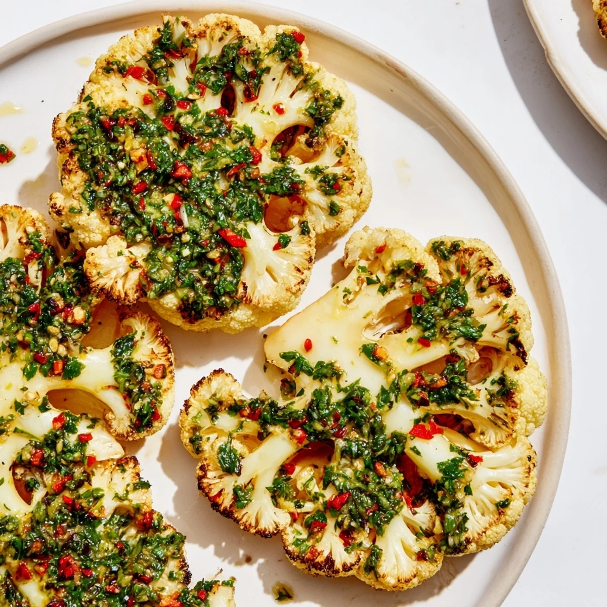 Tender roasted cauliflower steaks, a vegetarian delight, topped generously with zesty chimichurri.