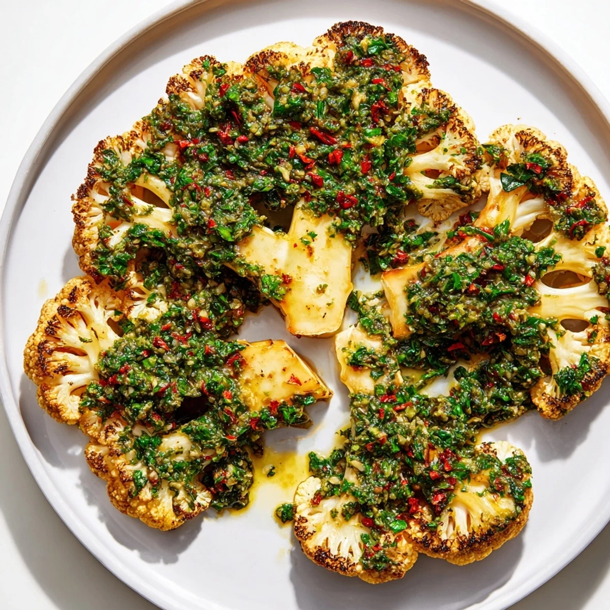 Fork-tender roasted cauliflower steaks served with fresh chimichurri: a flavorful, healthy meal option.