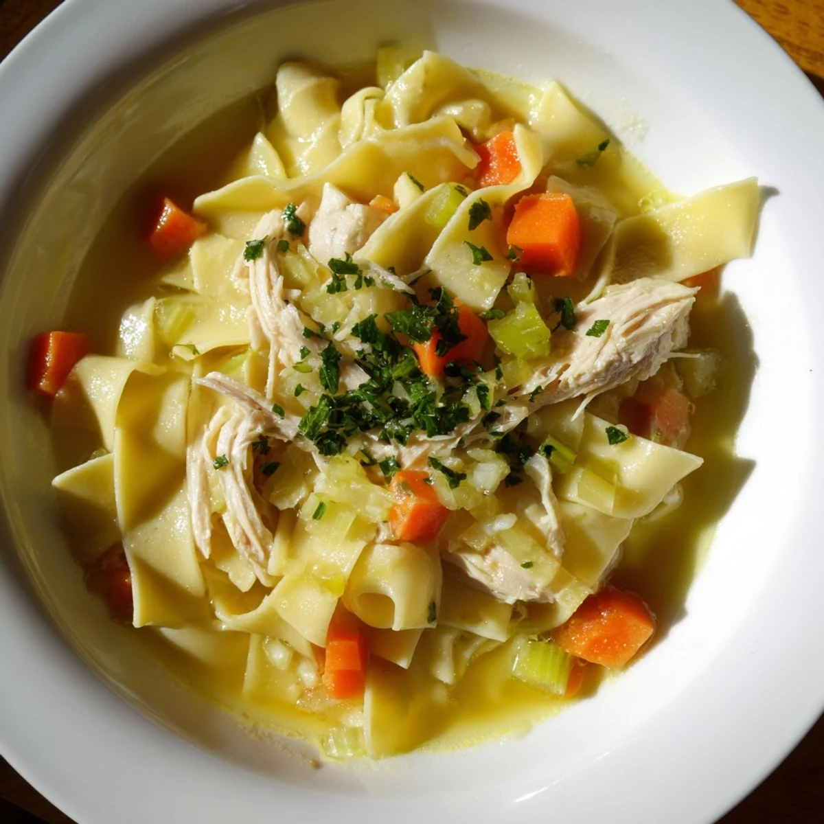 Homemade noodles swim in a hearty Chicken Noodle Soup broth, filled with tender chicken and vegetables.