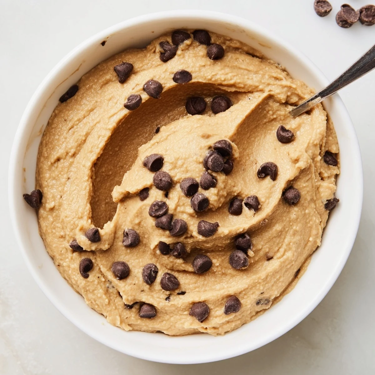 Homemade Chocolate Chip Cookie Dough Hummus, a delicious sweet dip with mini chocolate chips visible.