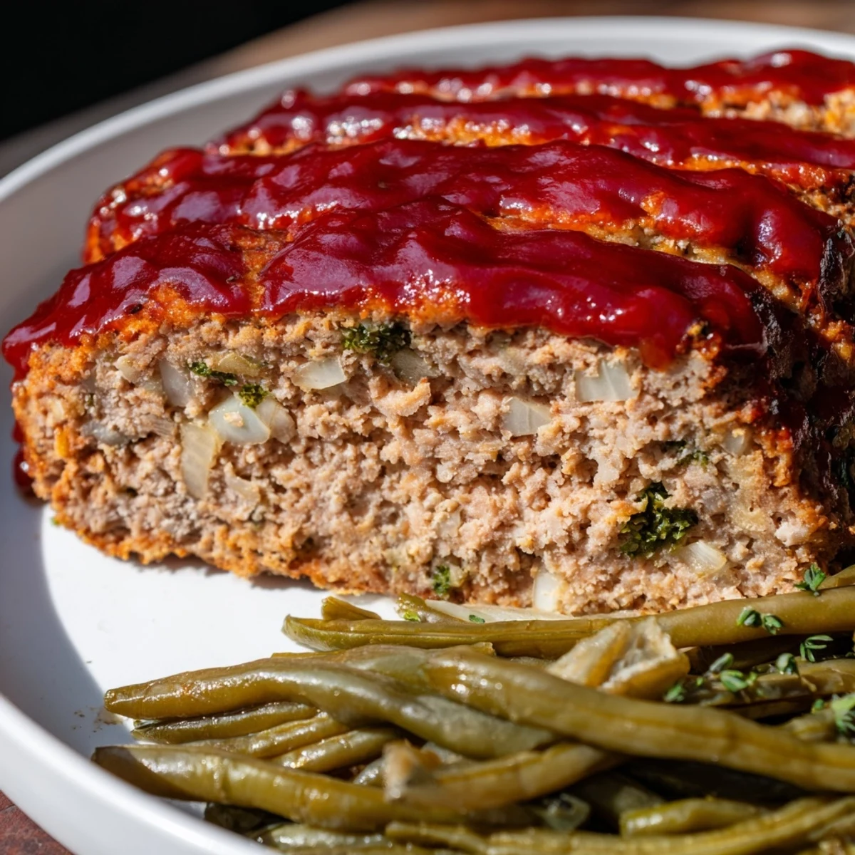 Golden-brown turkey meatloaf glistens under a tangy glaze, served with vibrant green beans.