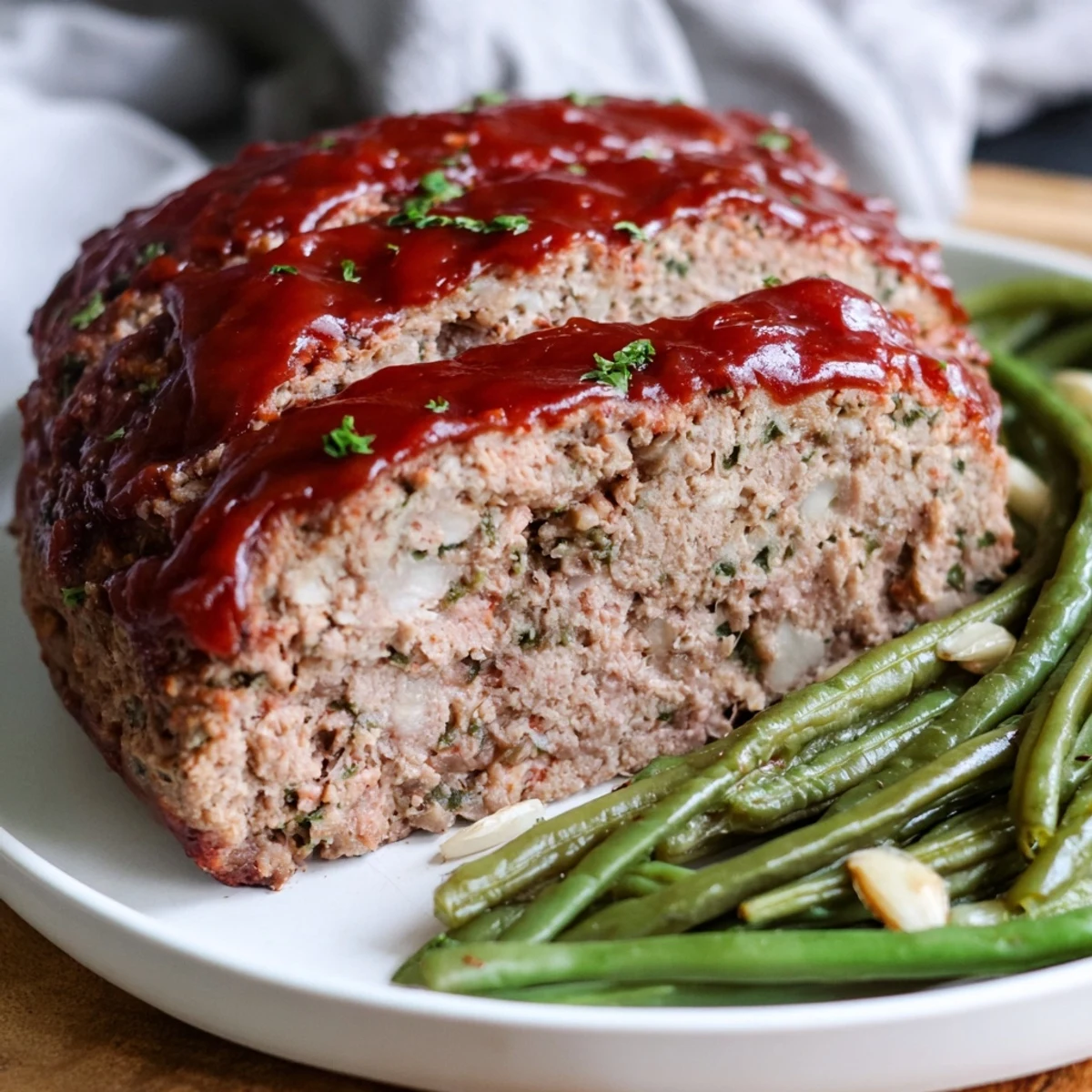 A close-up of savory turkey meatloaf, glazed beautifully, next to tender sautéed green beans.