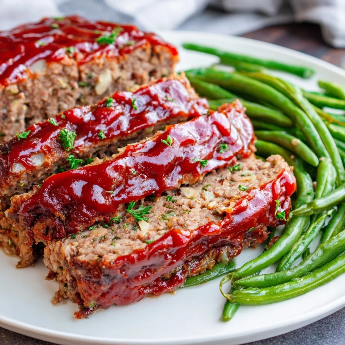Comforting turkey meatloaf, cooked to perfection, showcasing a delightful glaze and fresh green beans.