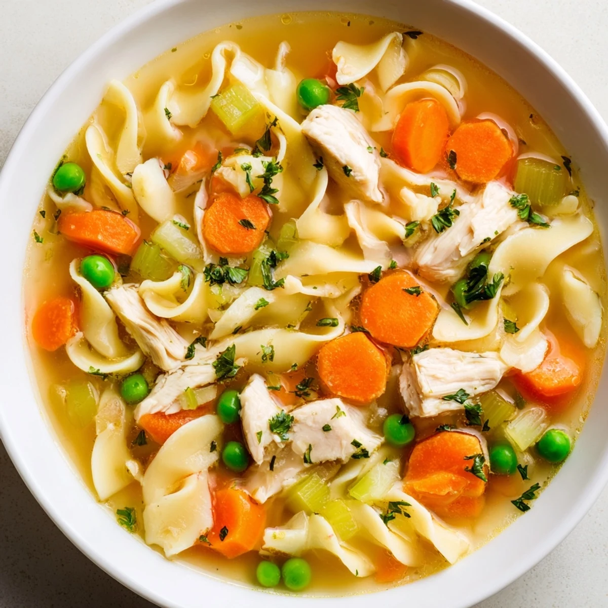 A close-up shot of homemade Chicken Noodle Soup showcasing golden noodles and tender chicken.