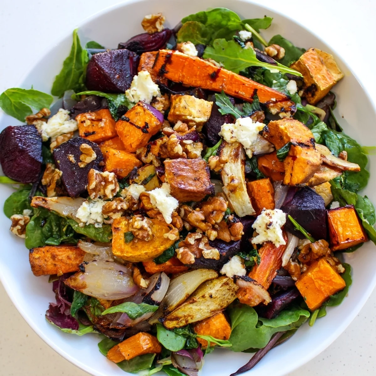 Vibrant Roasted Root Vegetable Salad with caramelized vegetables and a tangy vinaigrette, ready to serve.