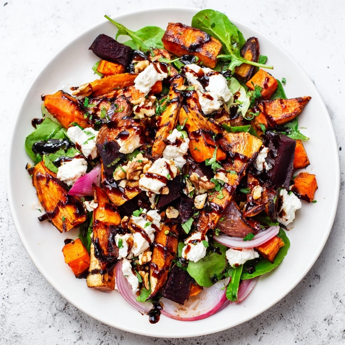 Warm Roasted Root Vegetable Salad featuring a heap of golden-brown veggies, ready to enjoy as a meal.