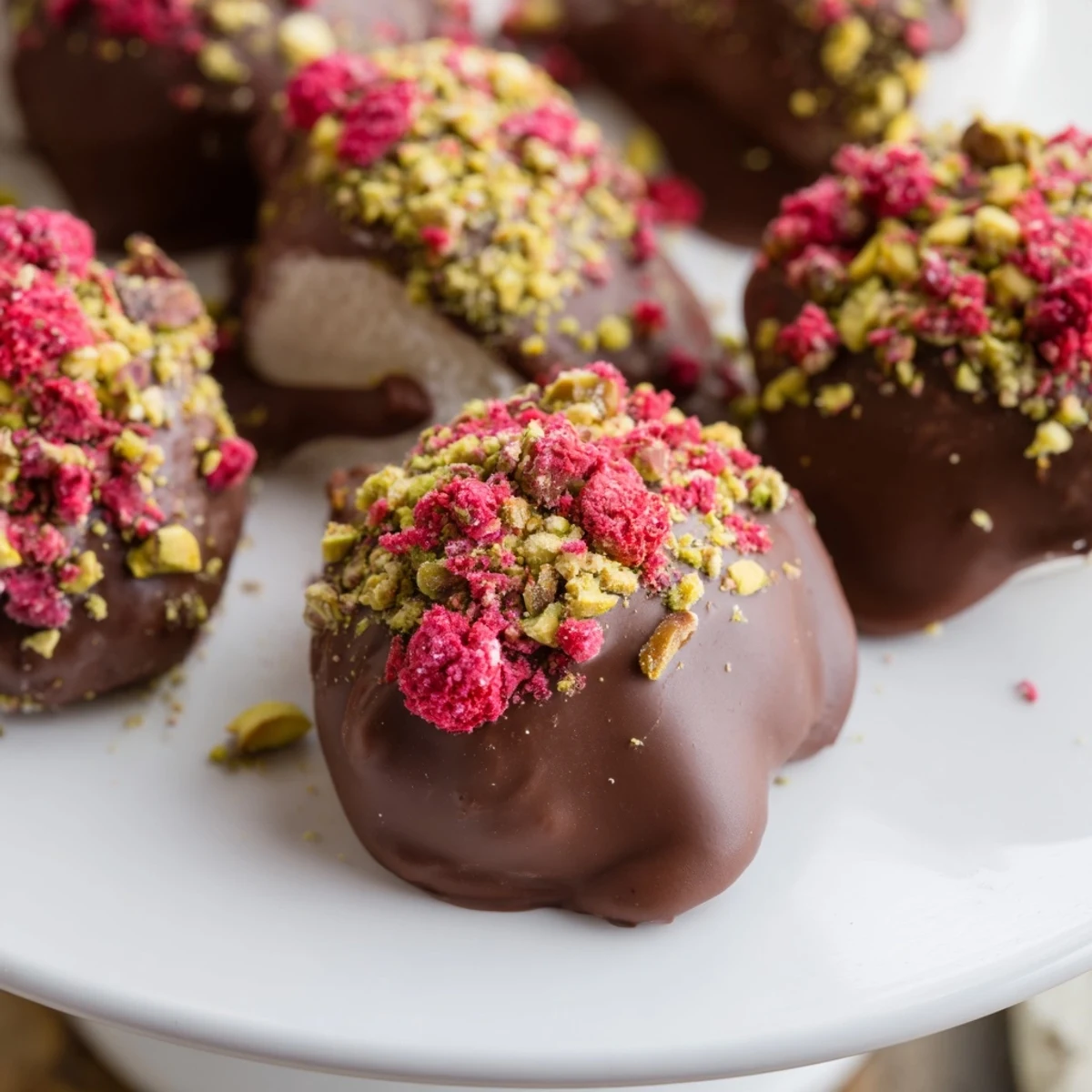 Glossy, dark chocolate-dipped marshmallows, sprinkled with colorful festive sprinkles, arranged for serving.